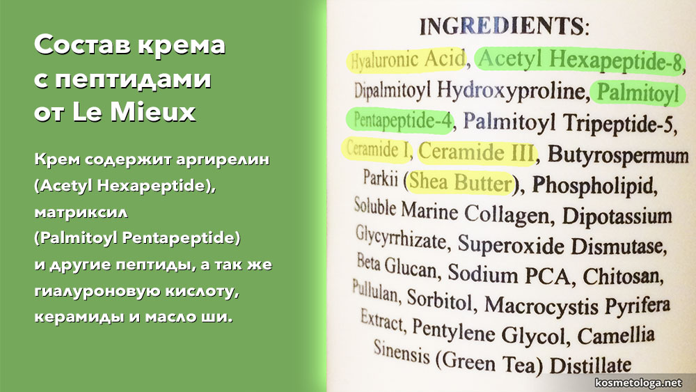 Крем содержит Аргирелин, Матриксил и другие пептиды, а так же гиалуроновую кислоту, керамиды и масло ши.
